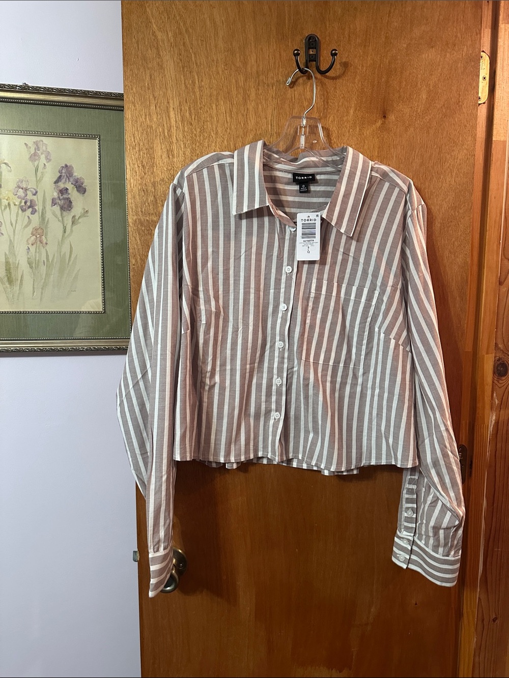 torrid Striped Cropped Button-Up Shirt - Mauve & White